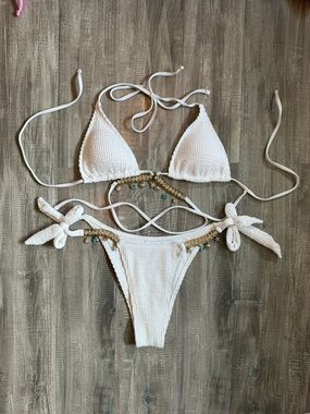 White Textured Tie-Side Bikini with Bead & Shell Accents